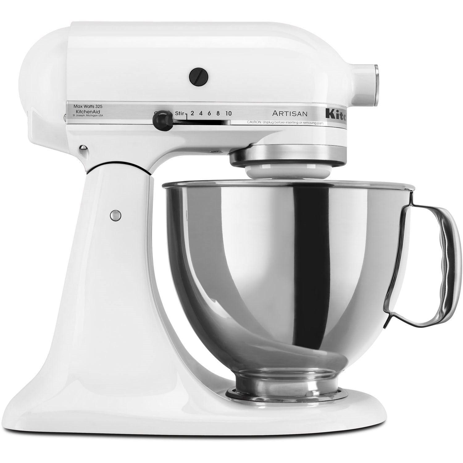 White tilt-head stand mixer with stainless mixing bowl, side close-up.