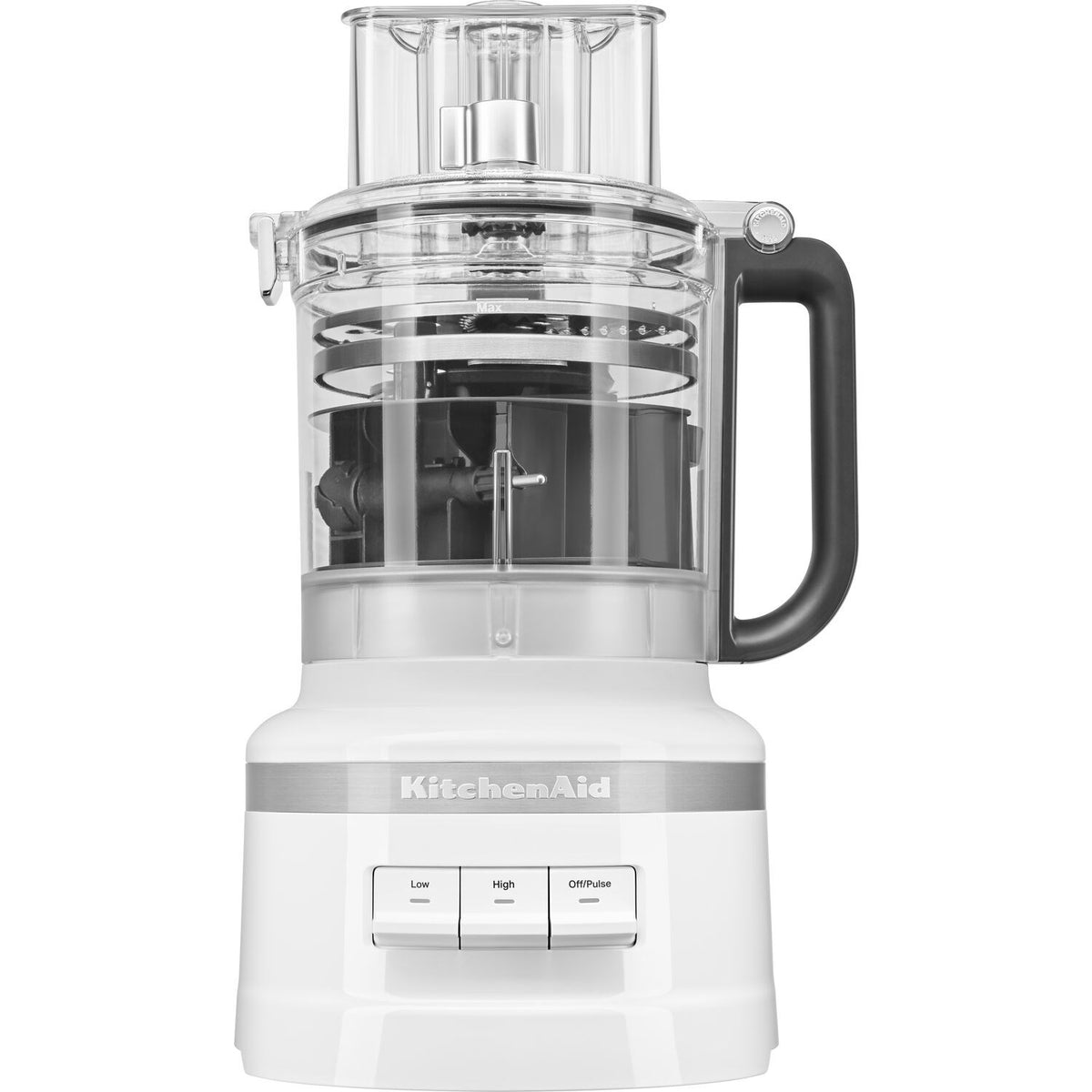 KitchenAid food processor with clear bowl, black handle, and white control panel on base