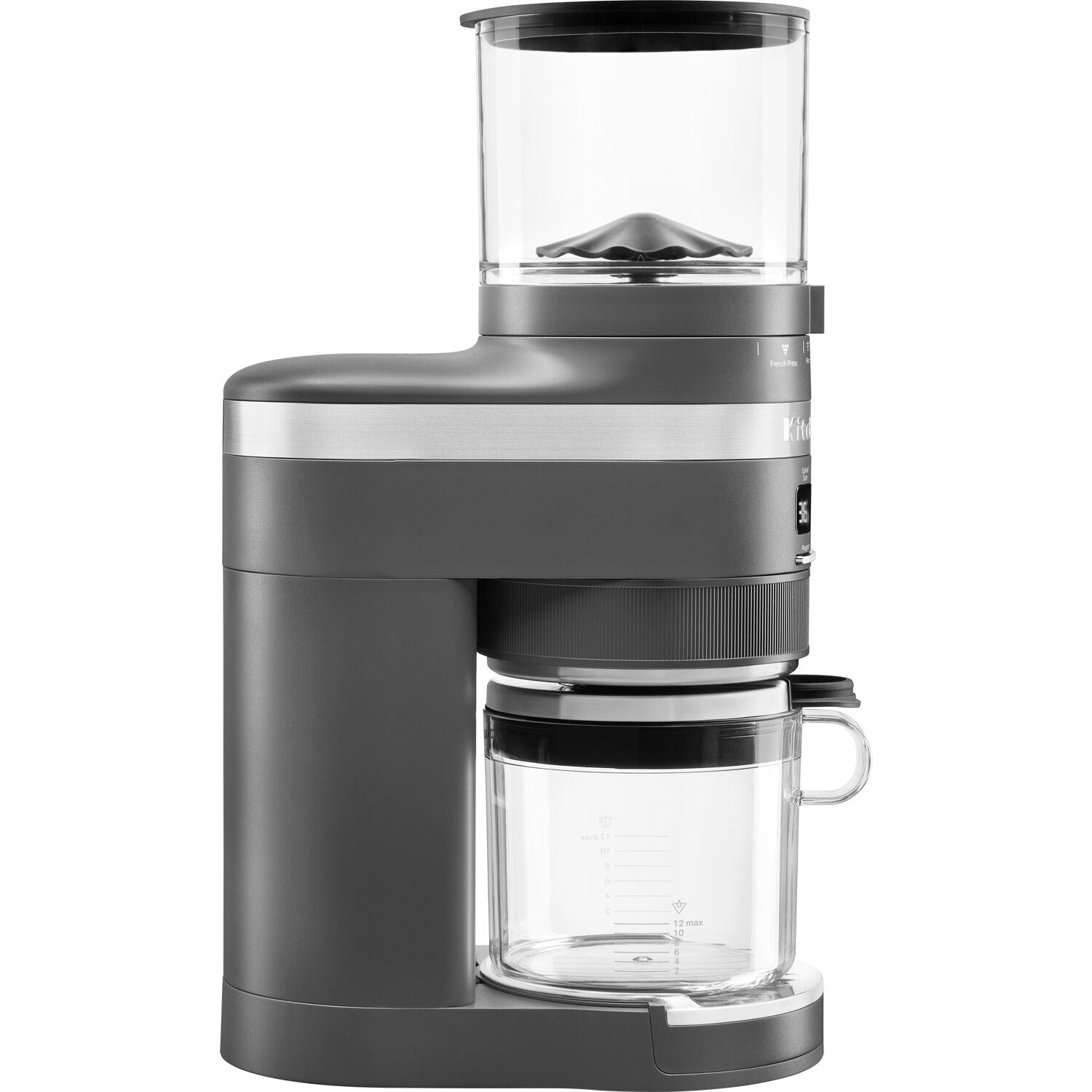 Charcoal grey burr coffee grinder with bean hopper and grounds container