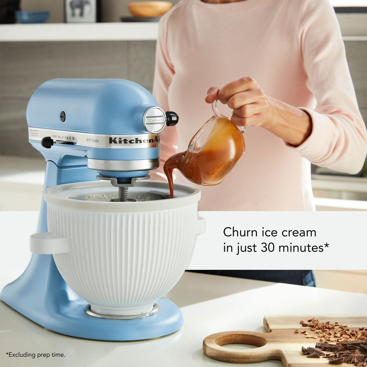 KitchenAid ice cream maker attachment bowl with white ridged base and paddle