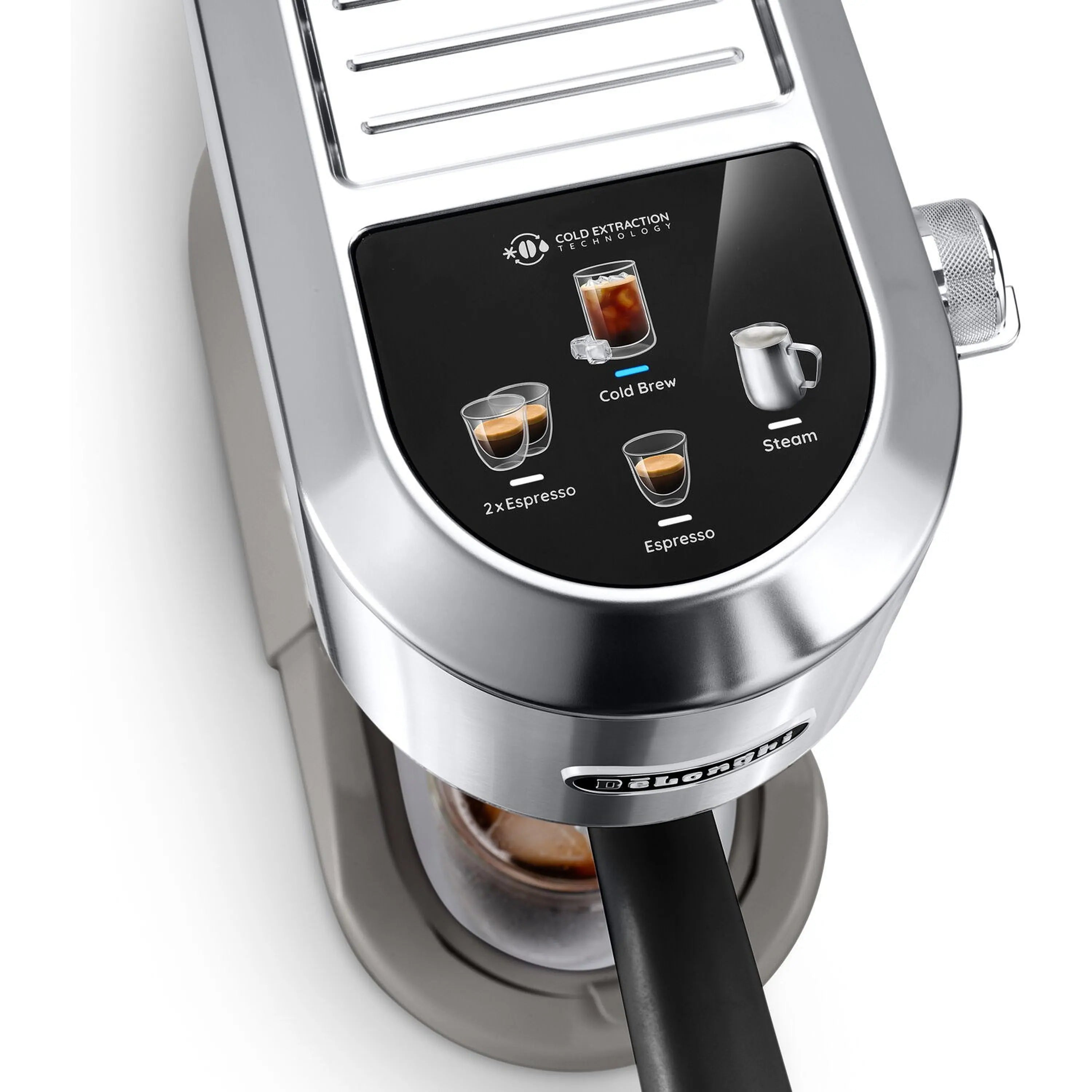 Stainless espresso machine display panel with cold brew and steam icons