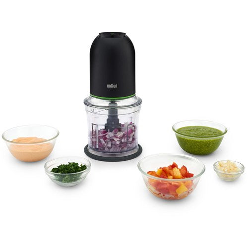 Black mini food chopper with clear bowl and lid; ingredient prep bowls shown