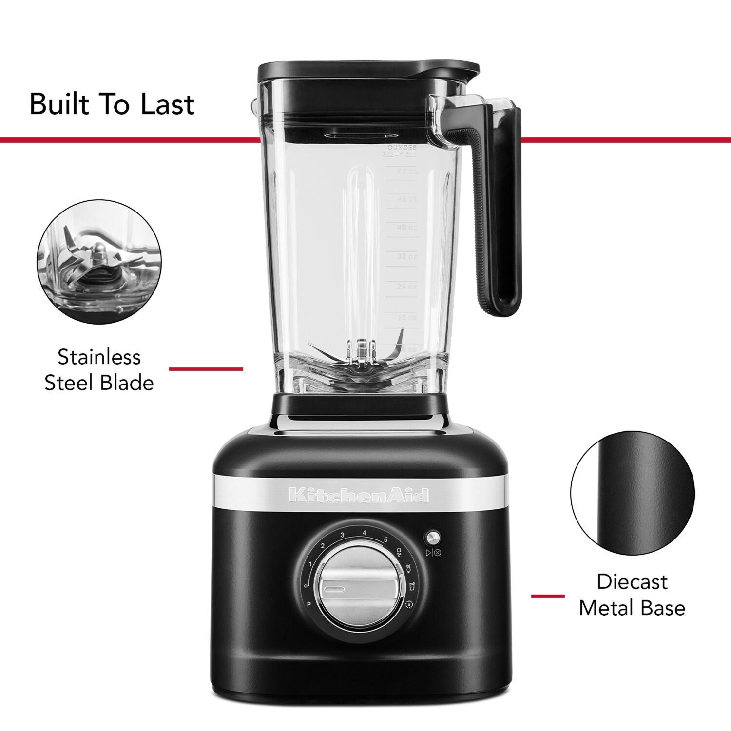 KitchenAid blender with black metal base and clear jar, featuring stainless steel blade