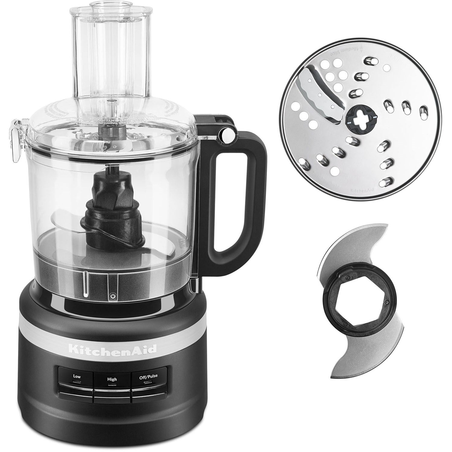 Black matte food processor base with clear bowl and slicing/shredding disc blade