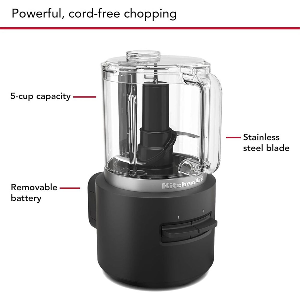 Black matte cordless chopper with clear bowl and stainless steel blade inside