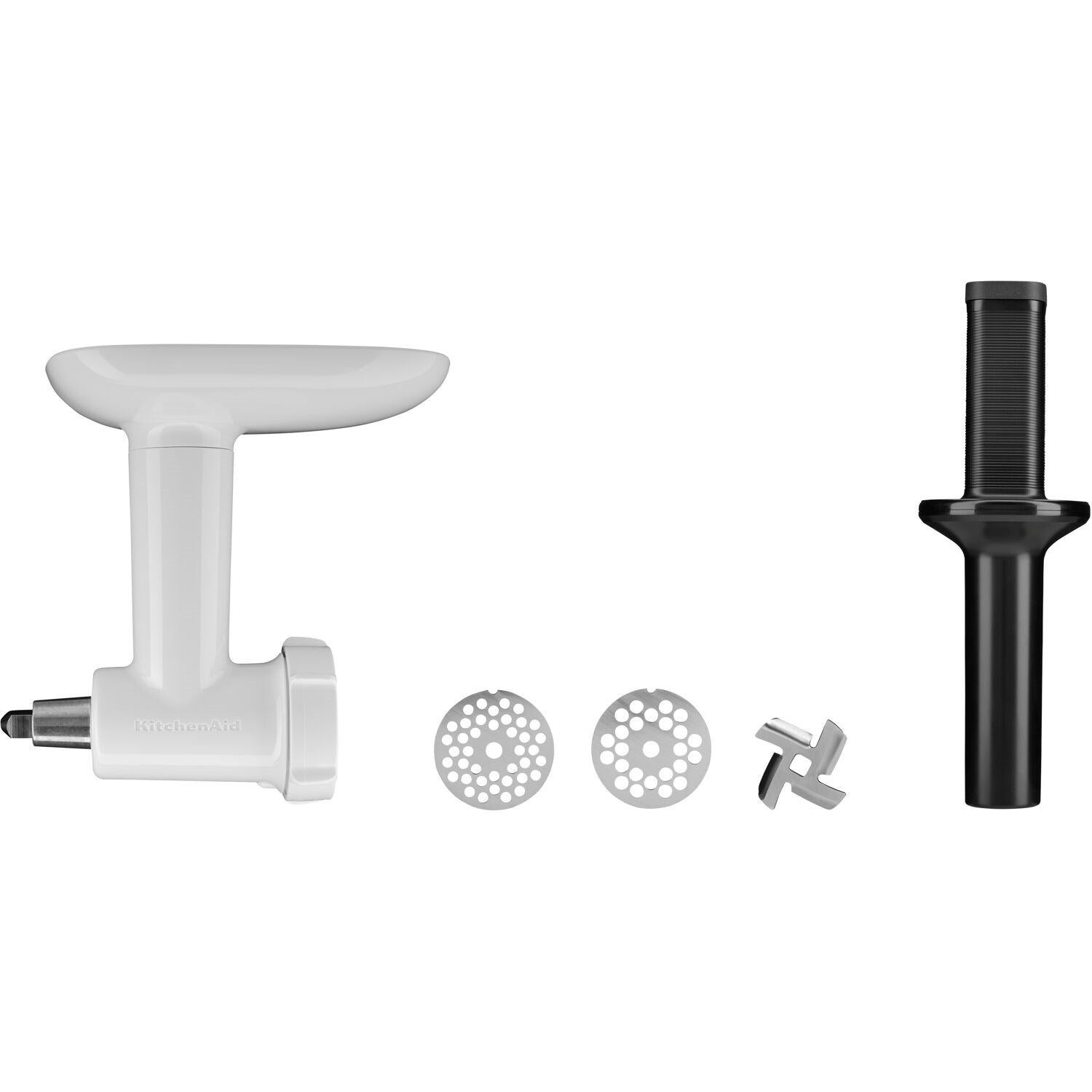 Food grinder attachment parts: white head, pusher, metal plates, and black tube