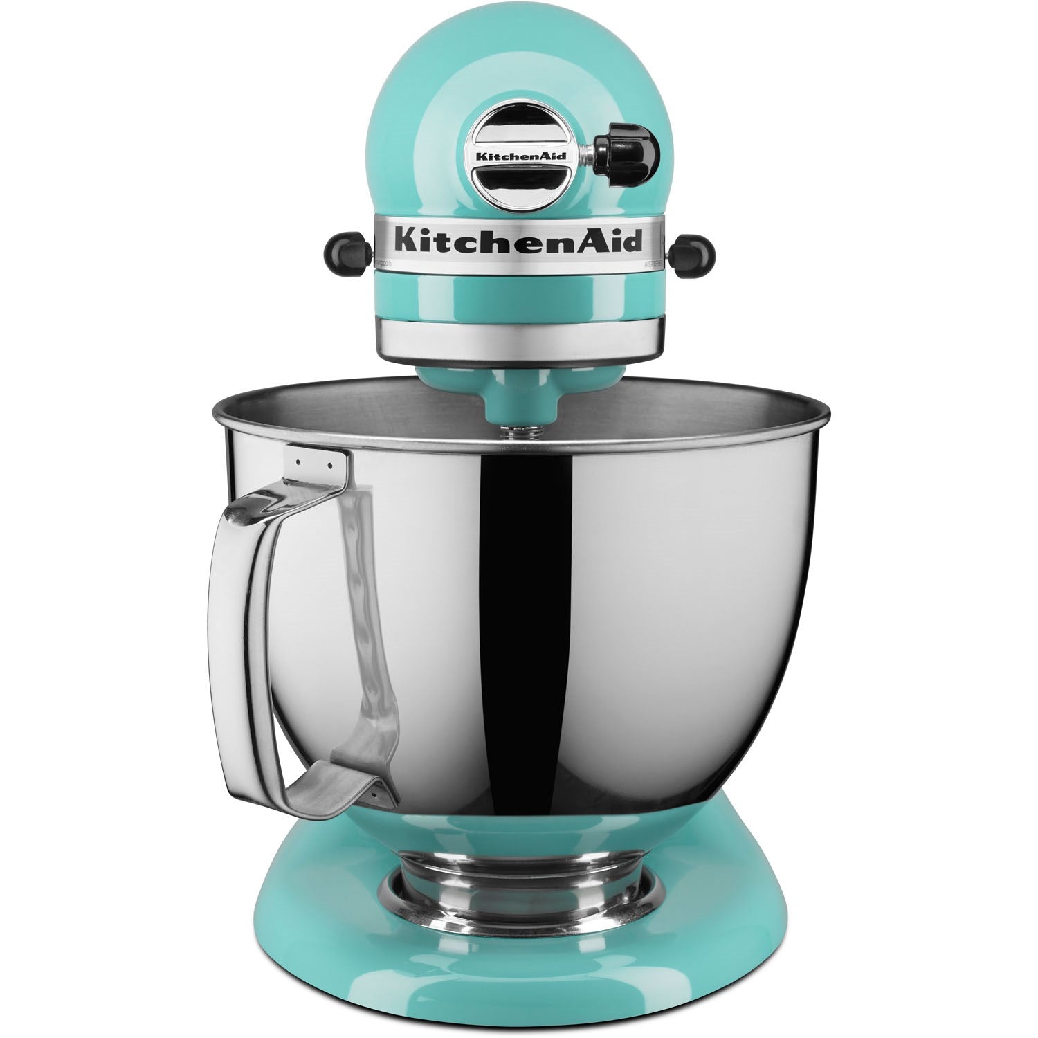 Blue aqua tilt-head stand mixer with stainless mixing bowl and beater shaft