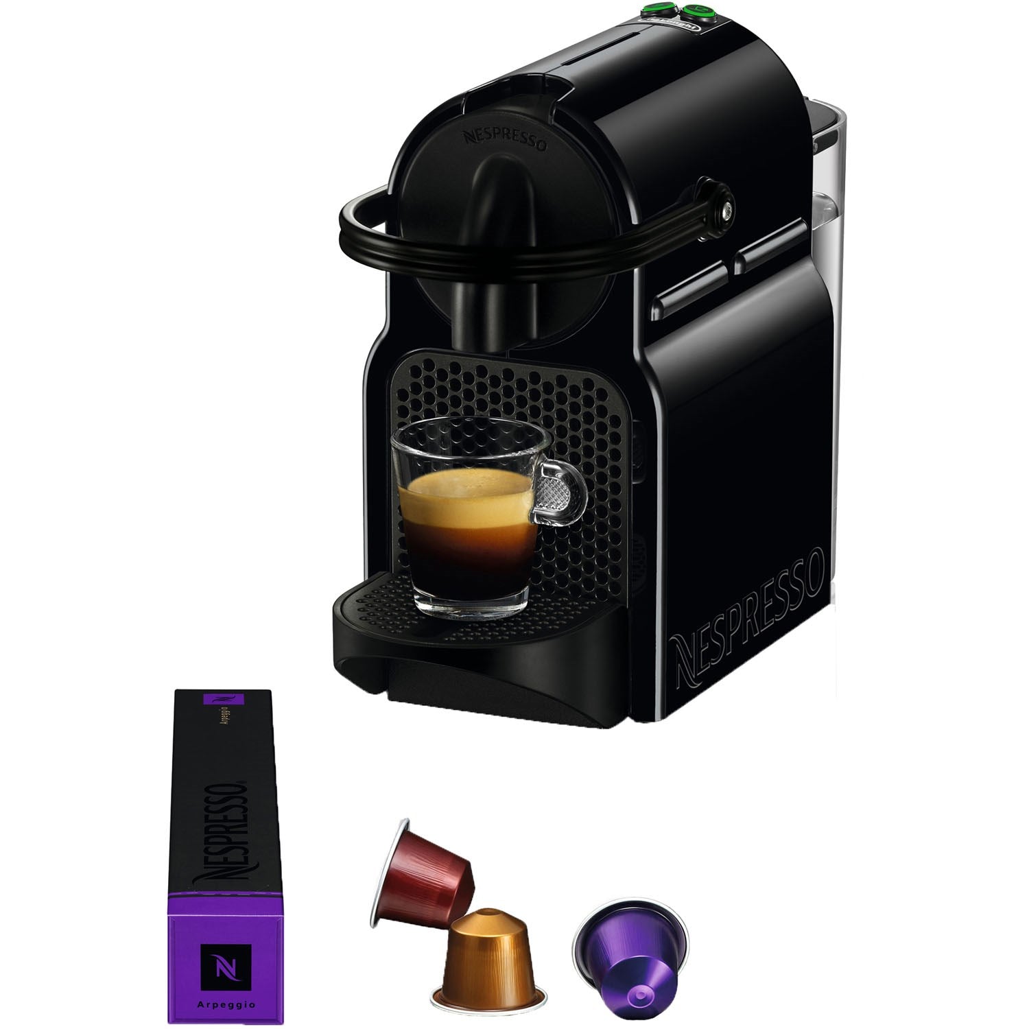 De'Longhi Nespresso Inissia espresso machine, black, side view with pods