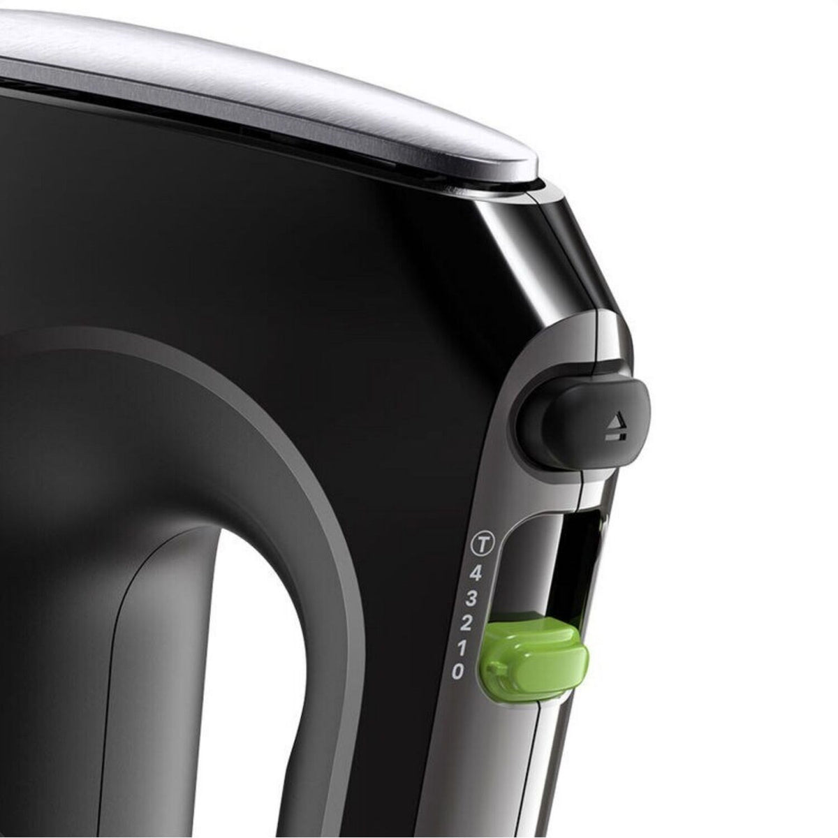 Black hand mixer close-up with speed control dial and green indicator button