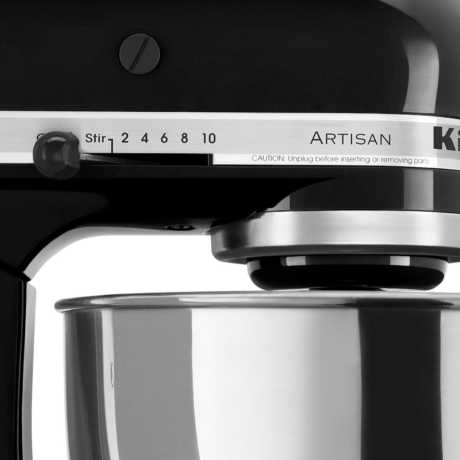 KitchenAid Artisan tilt-head stand mixer speed dial and controls on Onyx black