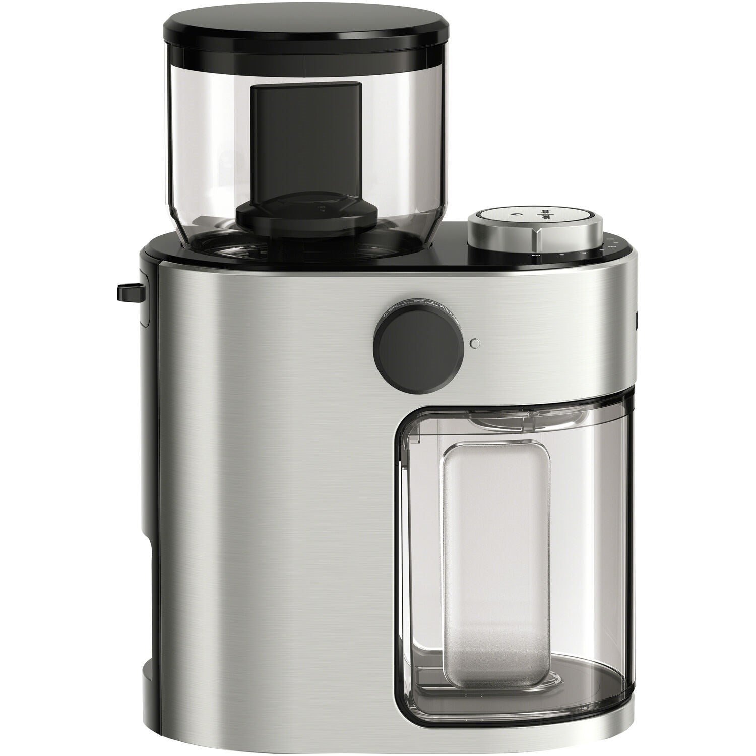 Stainless burr coffee grinder with black lid, black bean hopper, and removable container bay