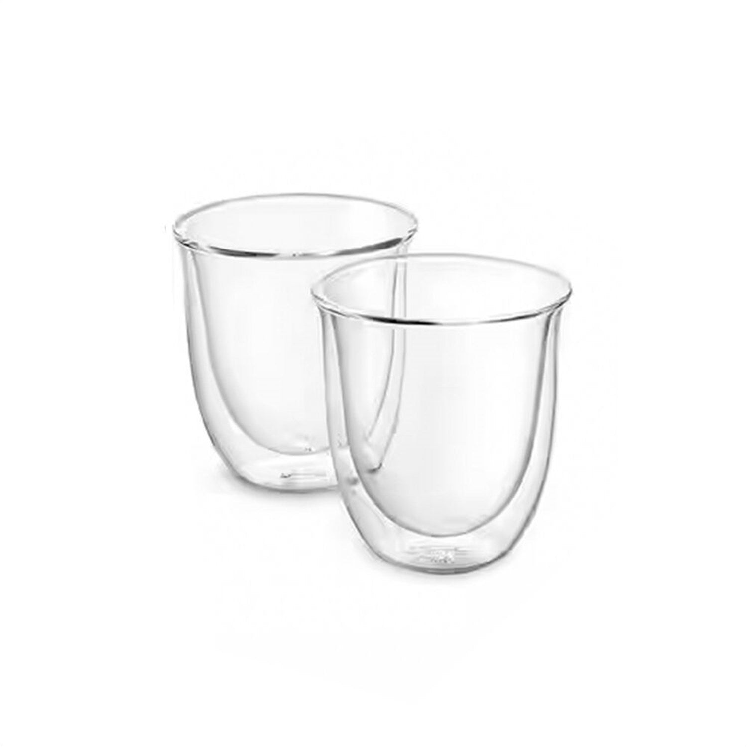 Two clear double-wall cappuccino glasses with rounded rims, empty