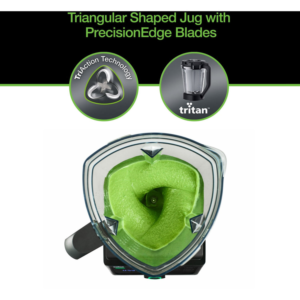 Black blender jar with triangular blade base, displaying green blended puree.