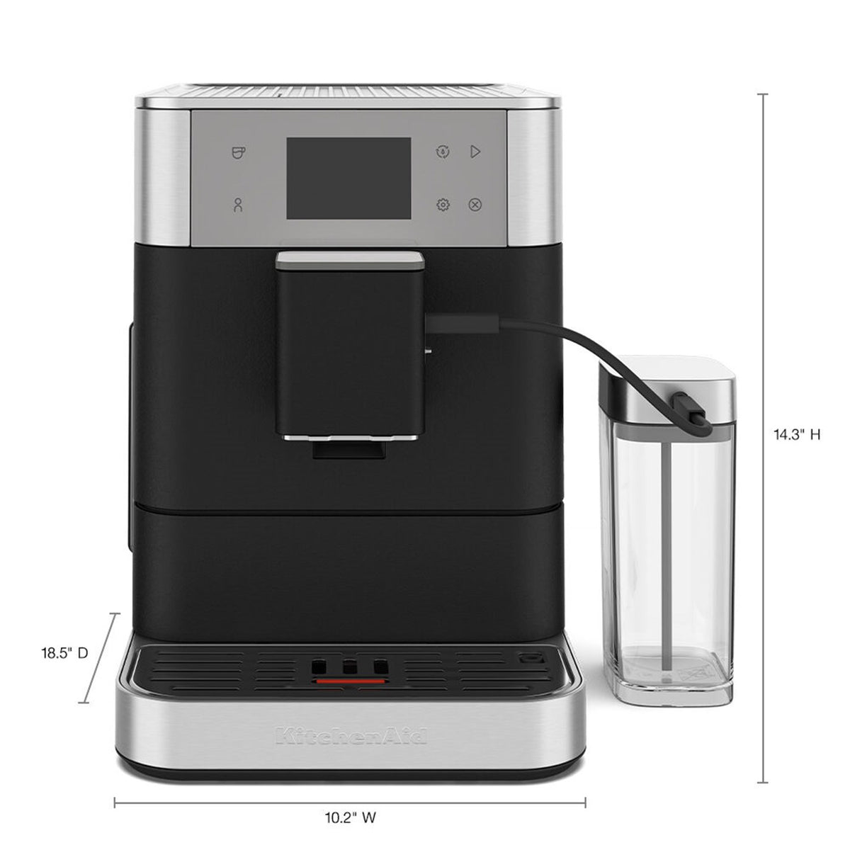 Black and silver fully automatic espresso machine with milk container and front display