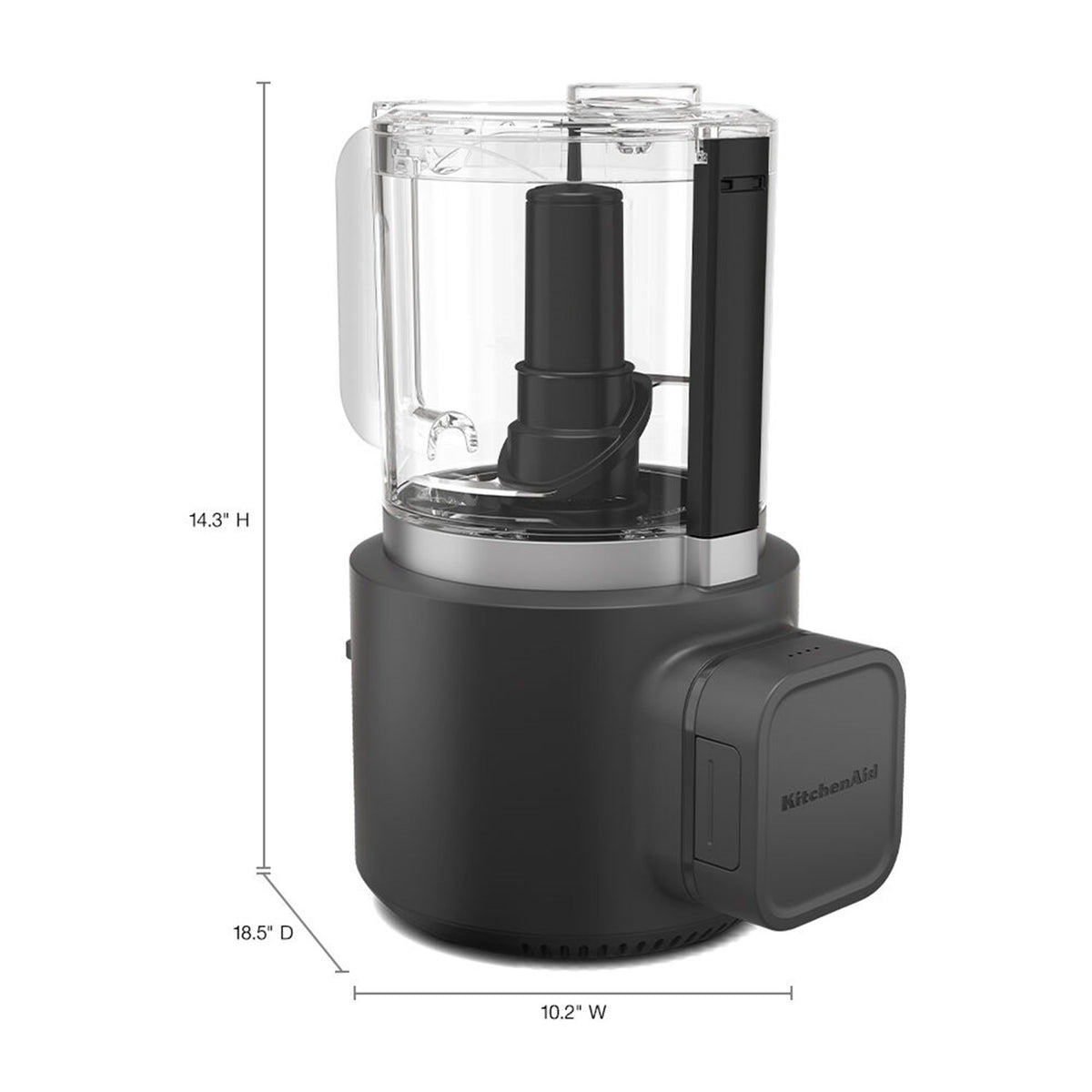 Black cordless chopper with clear cup and removable battery pack housing