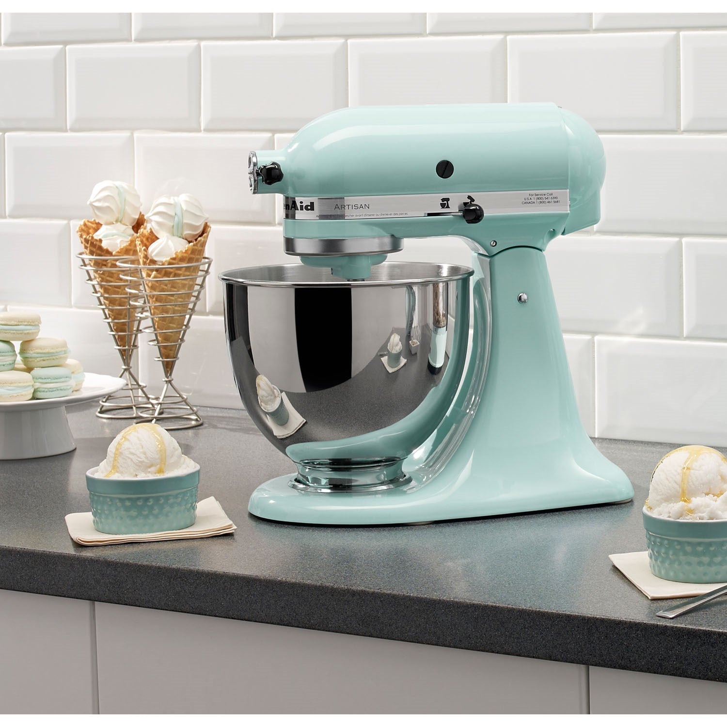 KitchenAid Artisan tilt-head stand mixer in ice blue with 5-qt stainless bowl and beater