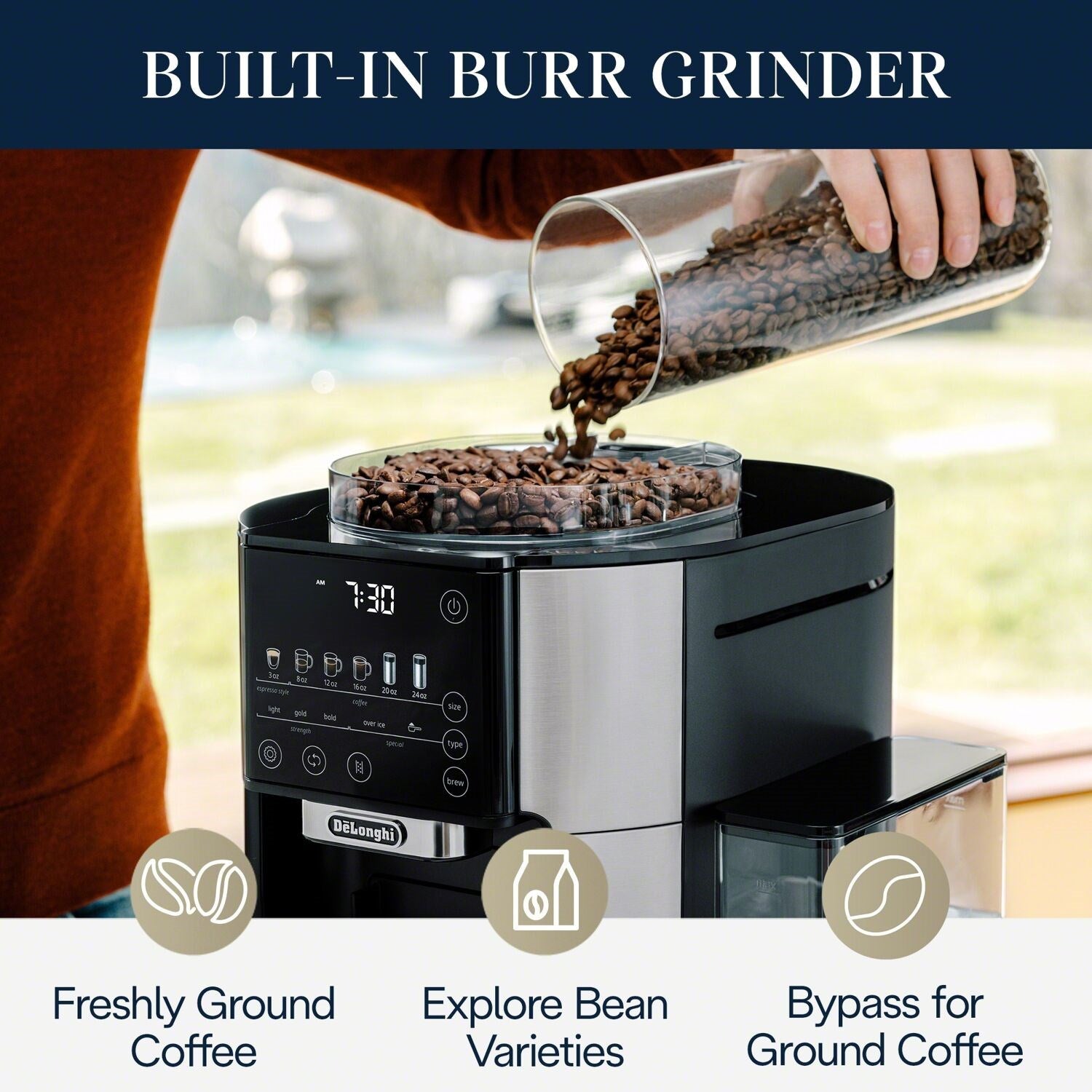 Automatic coffee maker with built-in burr grinder and hand pouring coffee beans