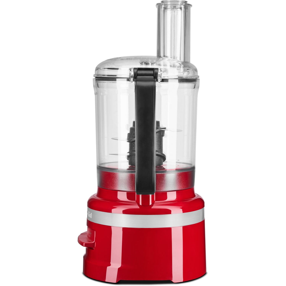 KitchenAid food processor top with clear lid, red base ring, and black blade column