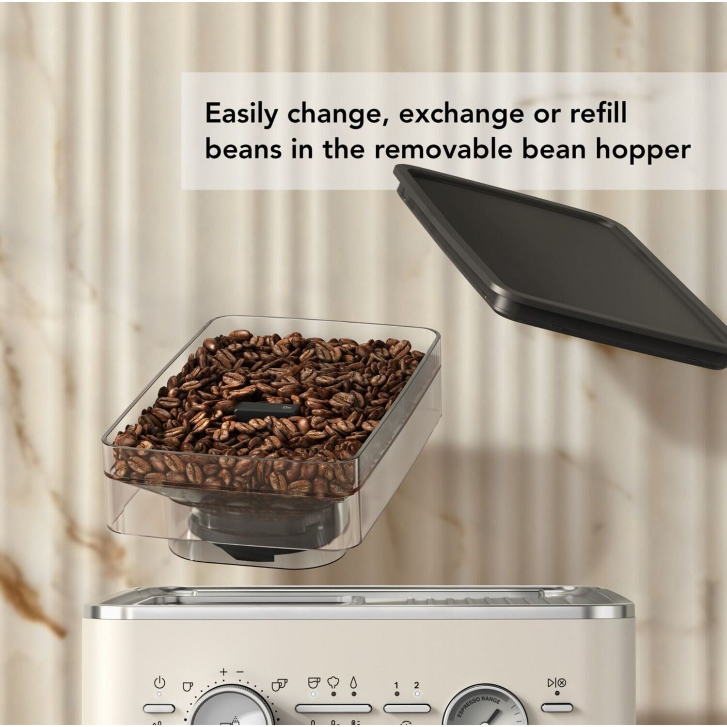 Porcelain white espresso machine with removable bean hopper filled with coffee beans
