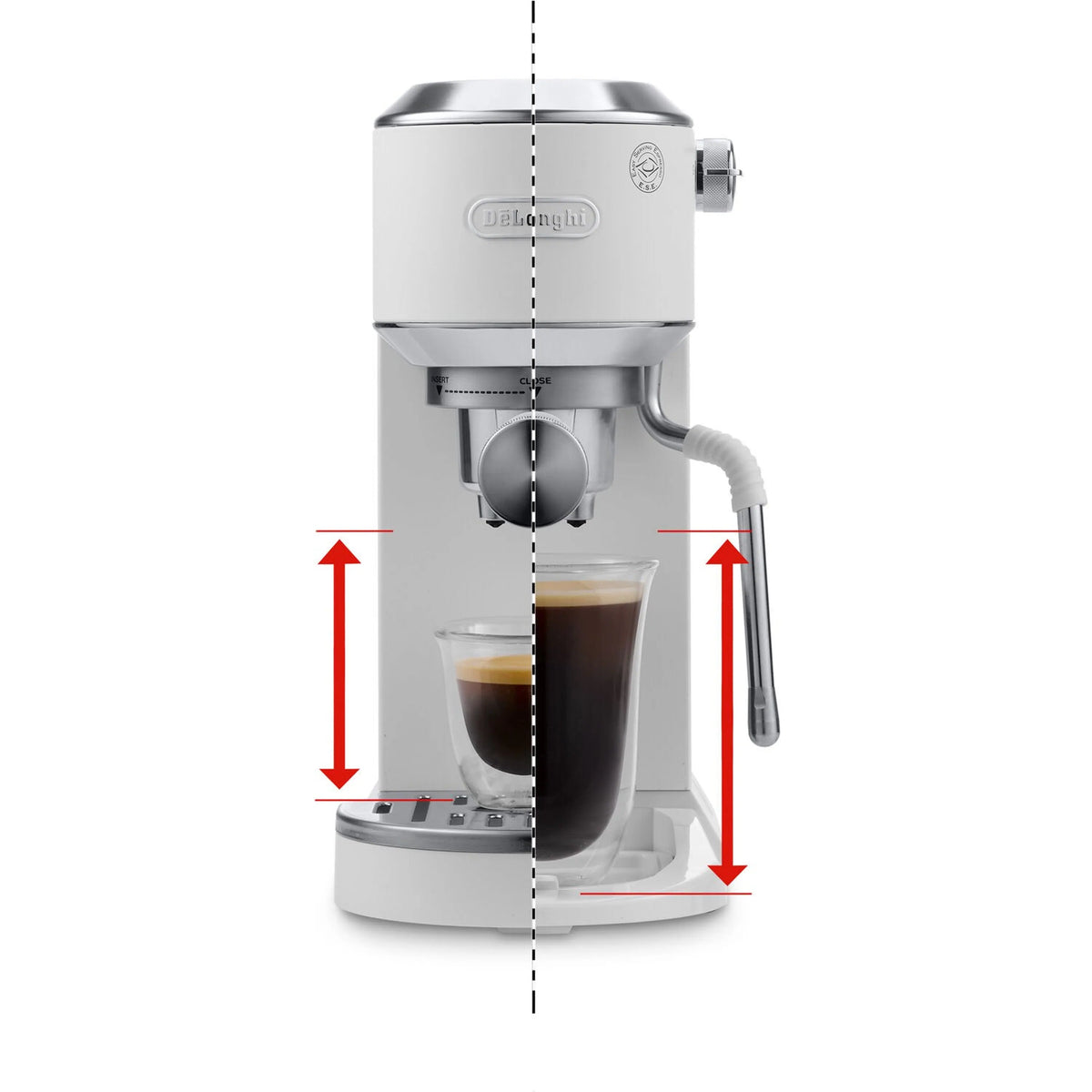 Espresso machine shown with measurement arrows for drink and drip area clearance