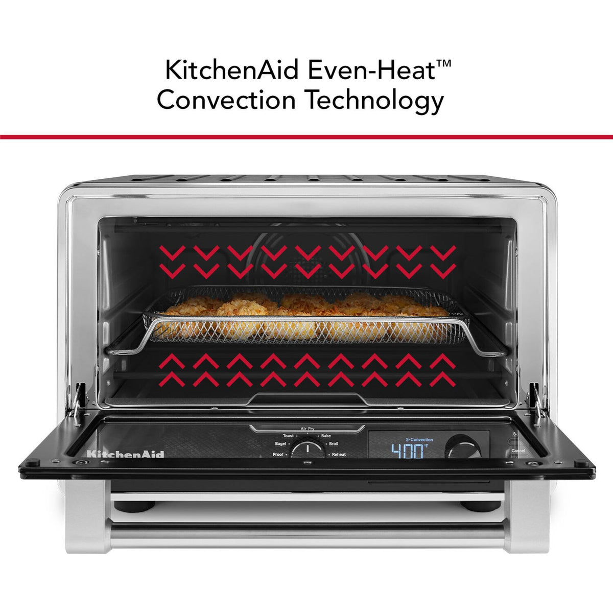 KitchenAid countertop air-fry oven with door open, showing top heating elements and rack