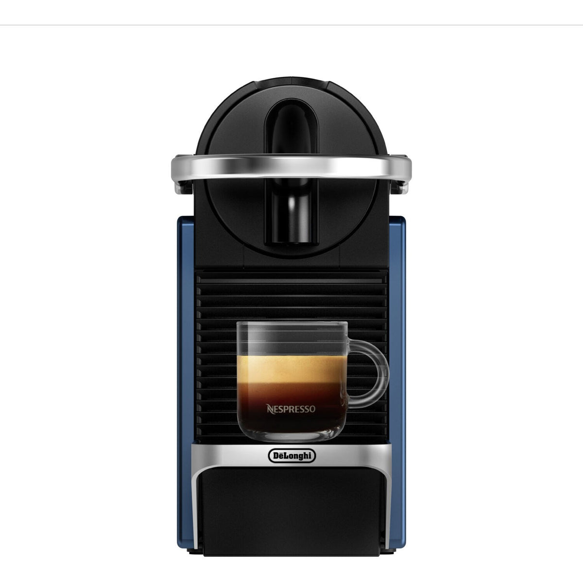 Nespresso Pixie espresso machine front view with clear water reservoir and cup