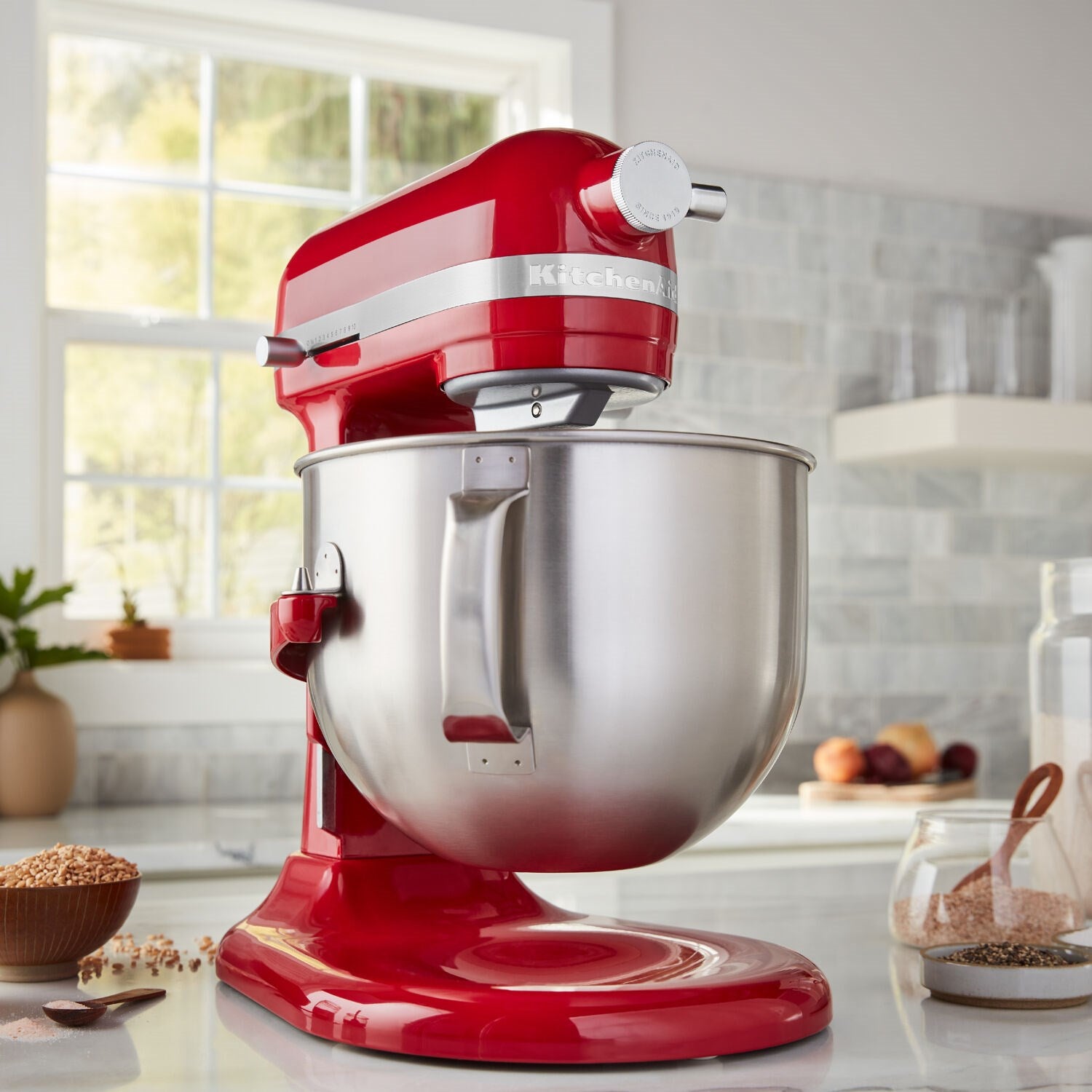 Empire Red stand mixer on base with stainless bowl and bowl-lift head