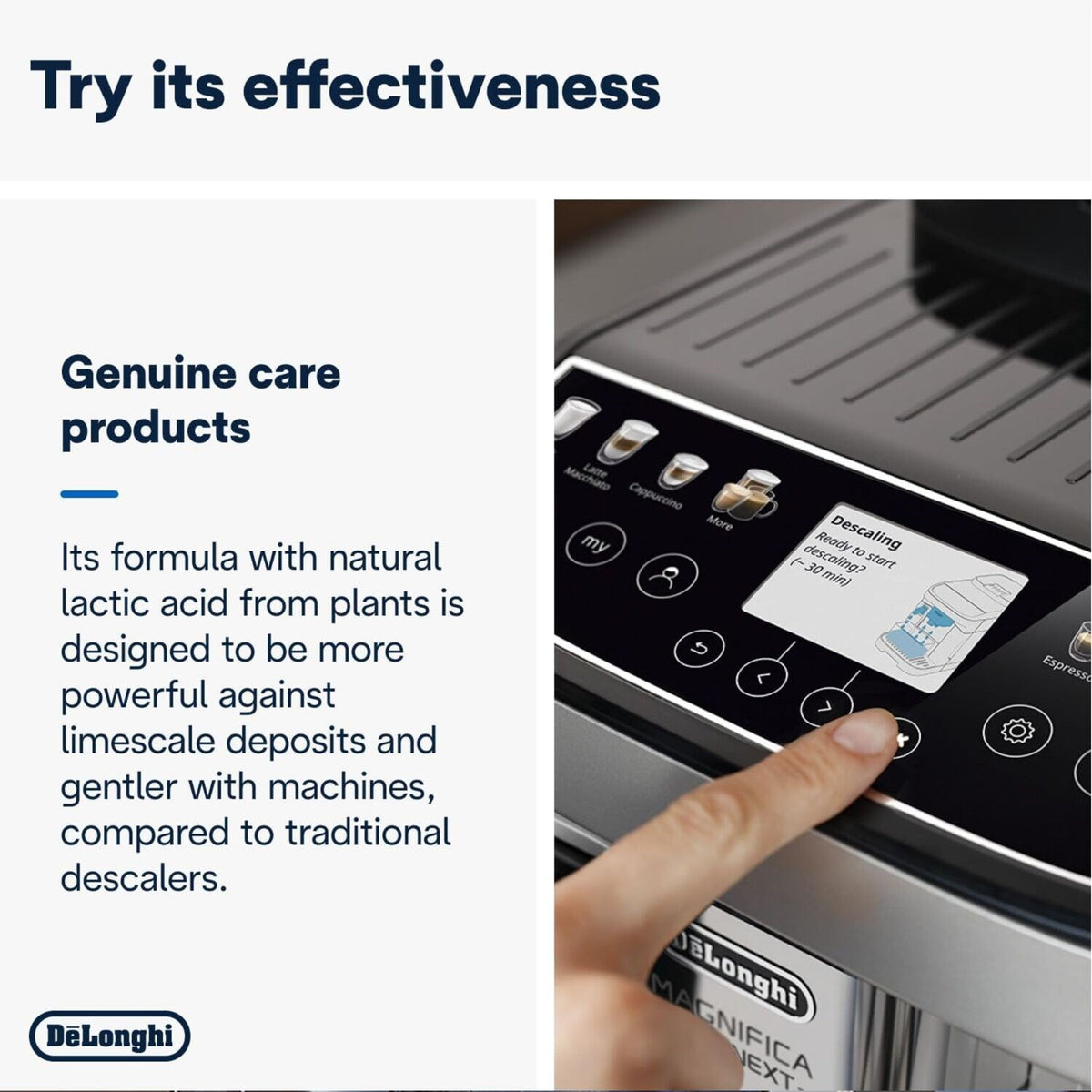 De'Longhi EcoDecalk descaler box and control panel display in a coffee machine.