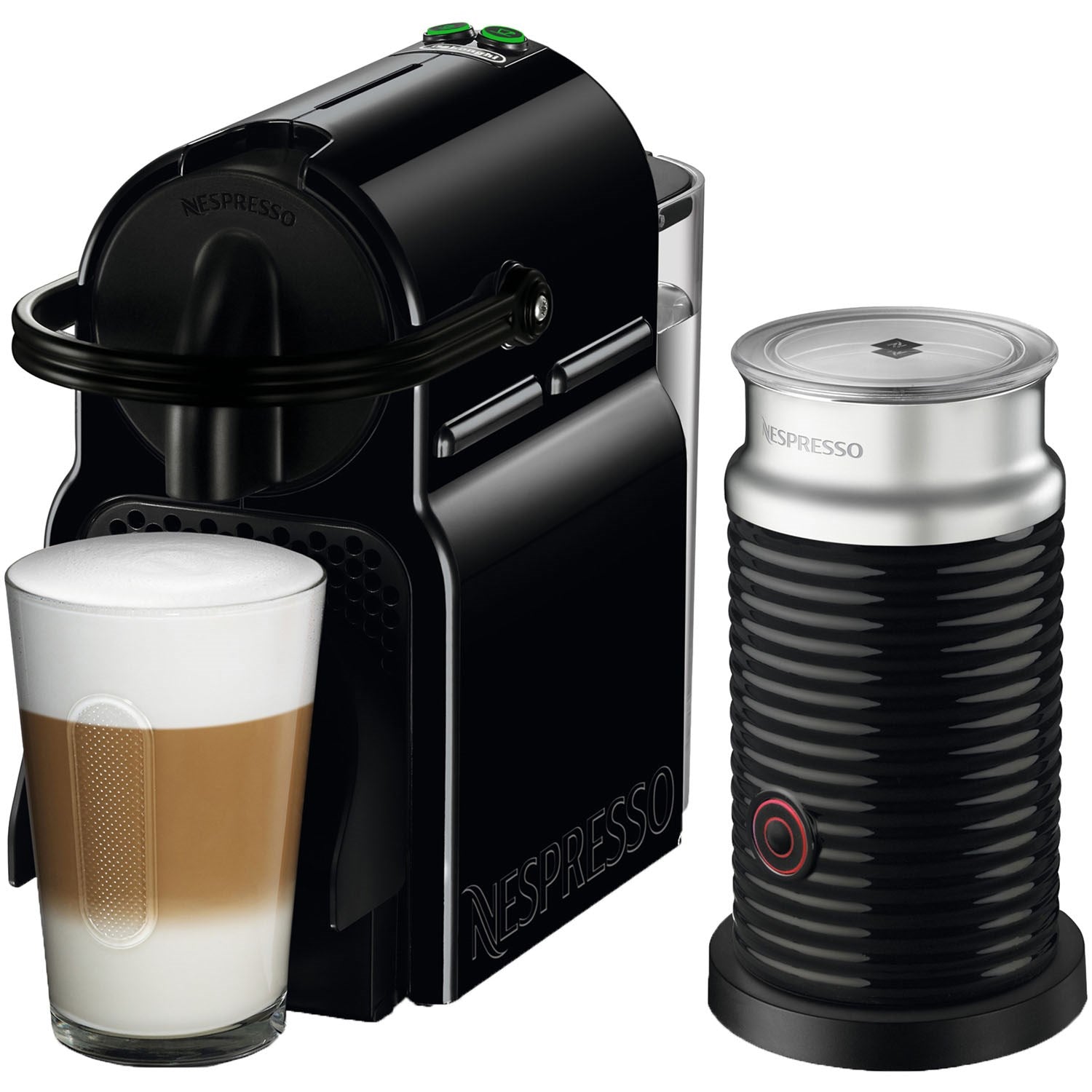 Black Nespresso espresso machine with Aeroccino frother and glass coffee cup