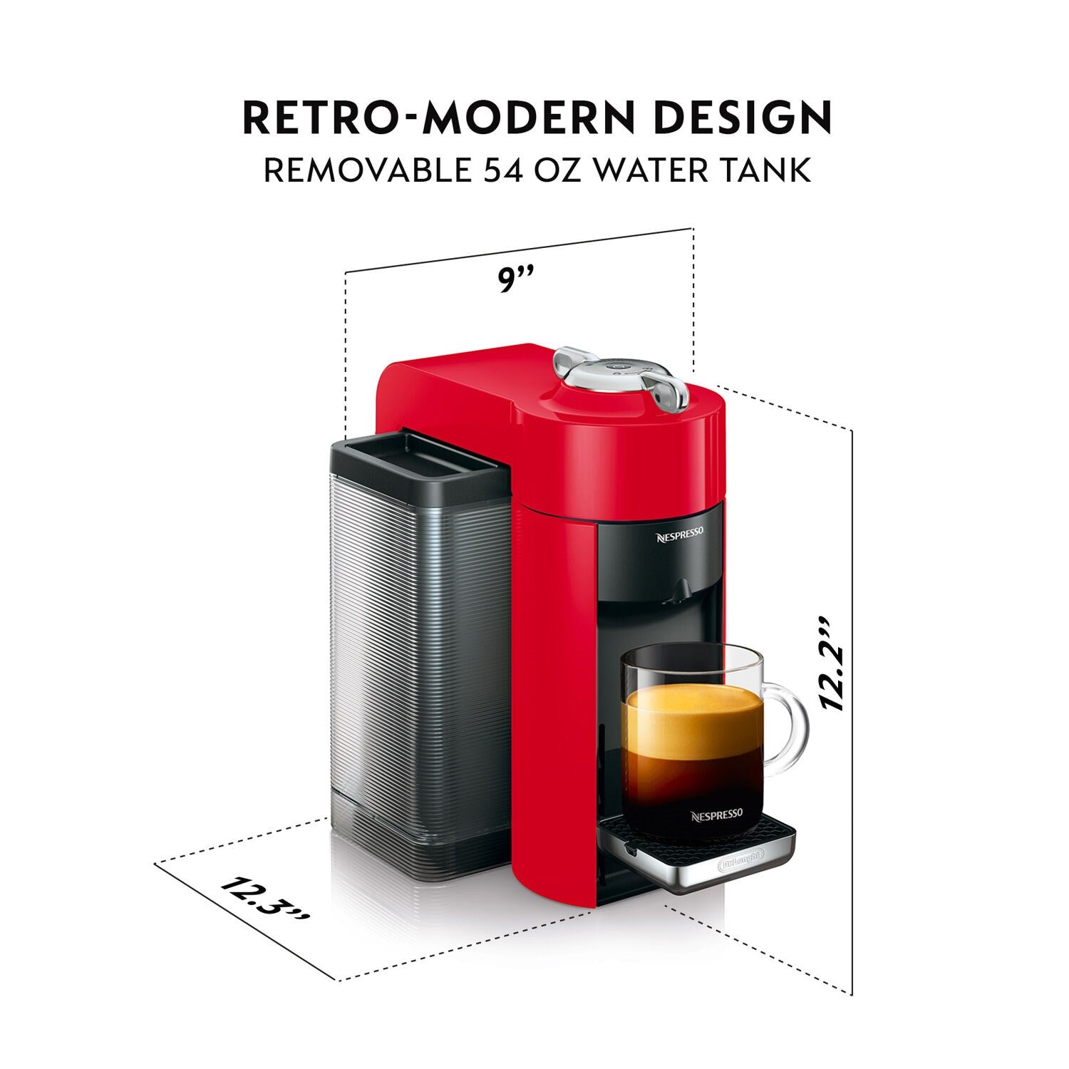 Red Nespresso Vertuo coffee machine with stainless drip tray and side water tank