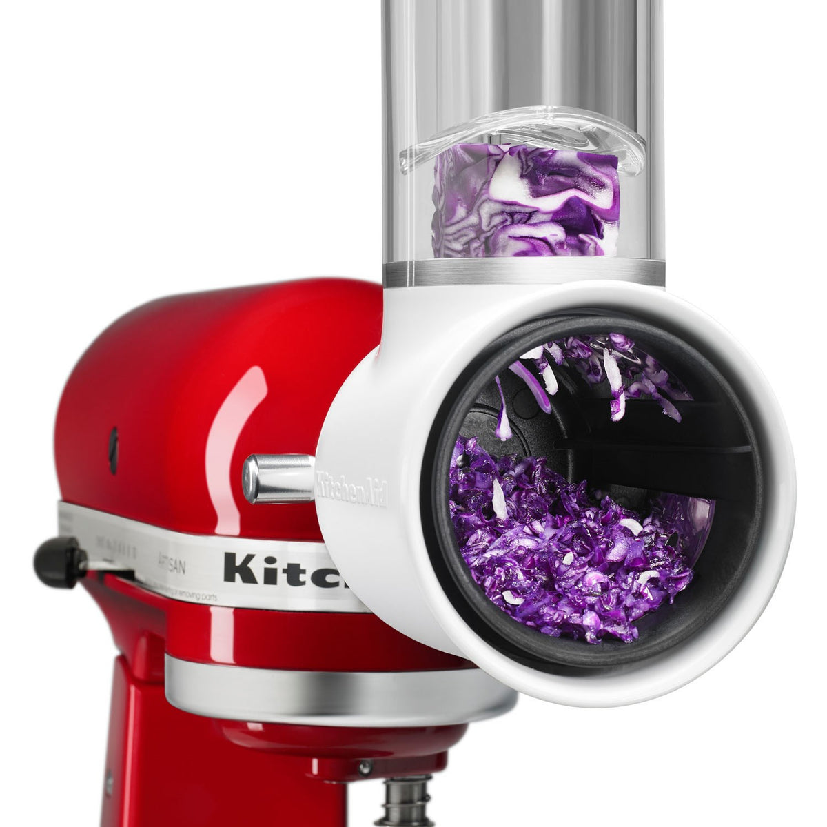 KitchenAid Fresh Prep slicer/shredder attachment with purple shredded cabbage in chute