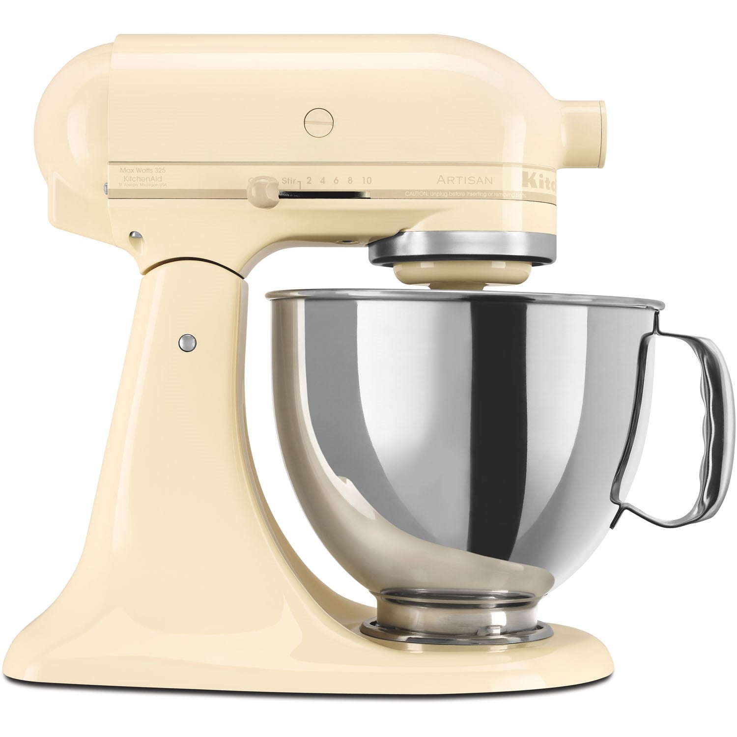 Almond cream tilt-head stand mixer with stainless bowl and mixing head control panel