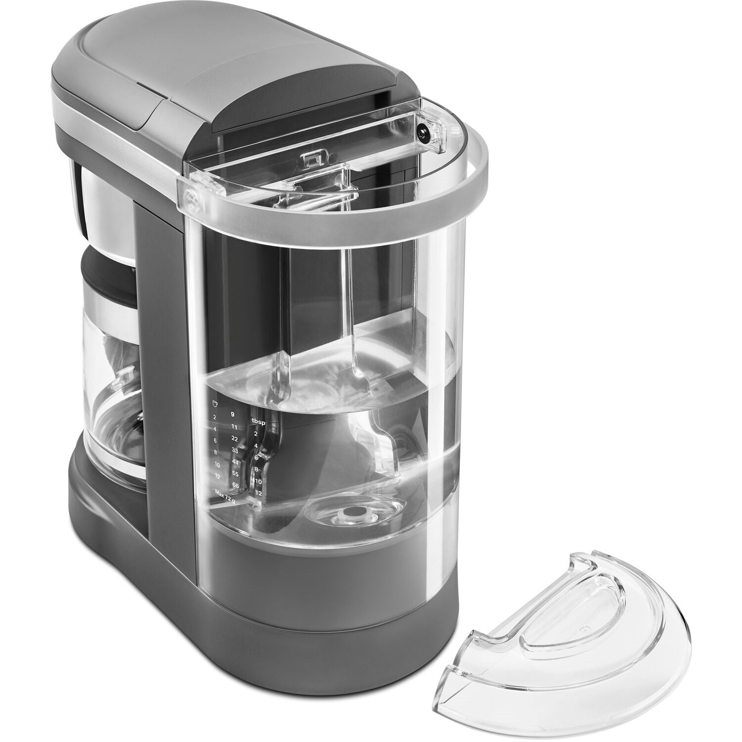 Charcoal grey drip coffee brewer with open reservoir and glass carafe