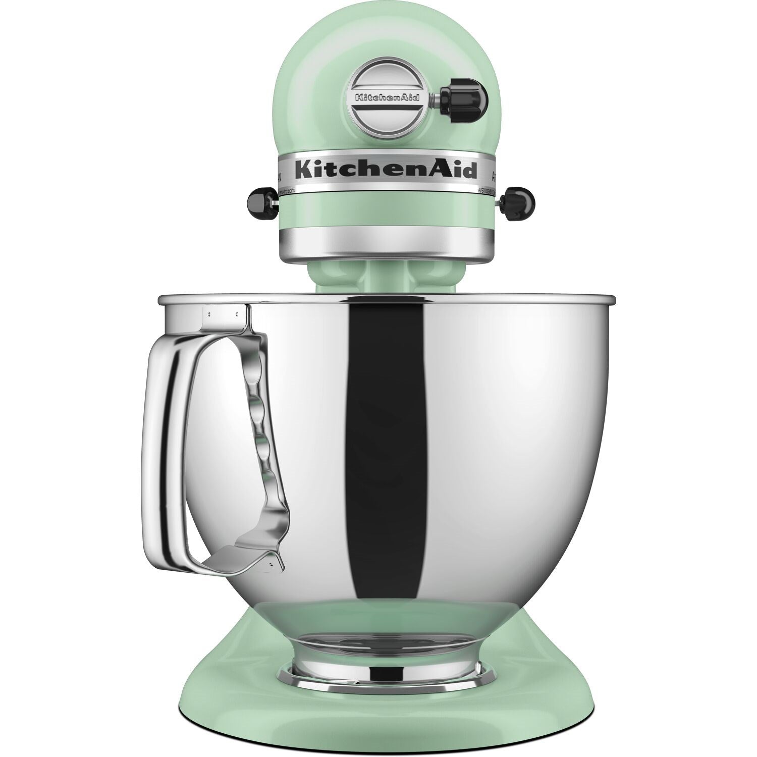 Pistachio tilt-head stand mixer with stainless bowl and front KitchenAid badge