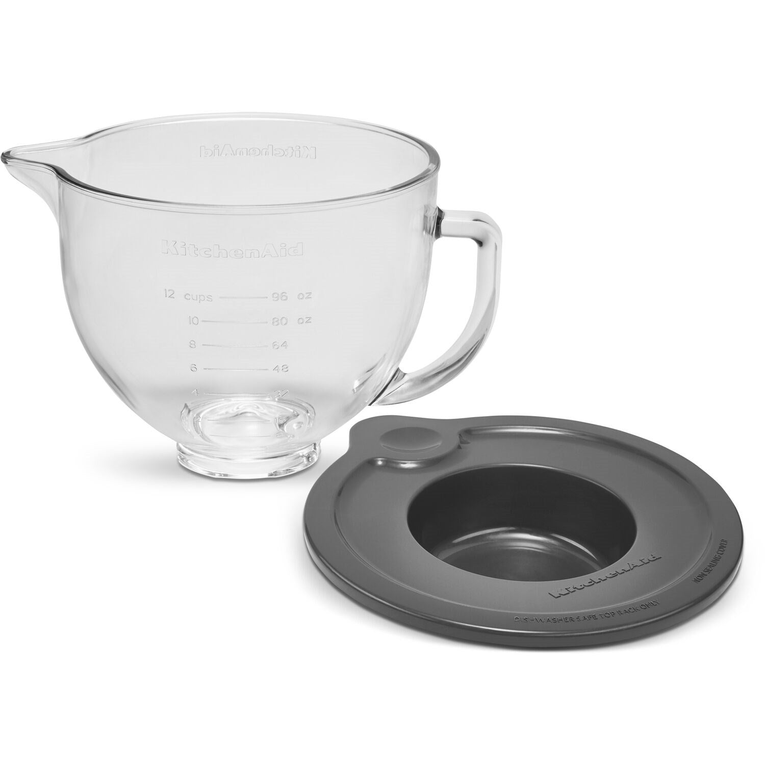 Clear glass mixing bowl with handle and gray splash shield with pour opening