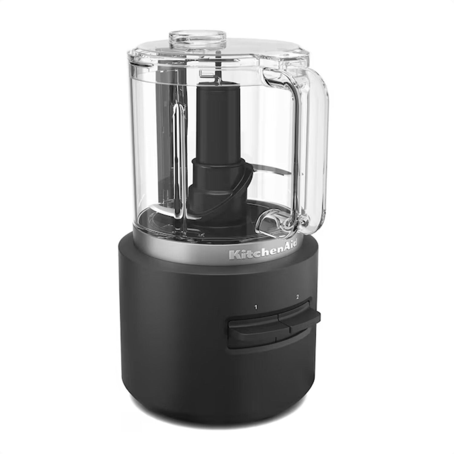 Black matte cordless chopper with clear bowl, central blade, and side handle