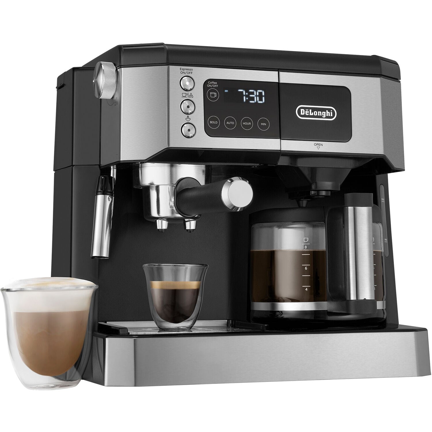 Front view of De'Longhi espresso and drip machine with display and steam wand