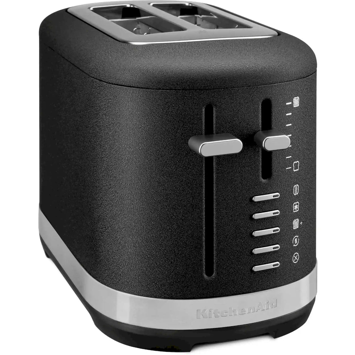 Black 2-slice toaster angled view with two levers and stacked control buttons