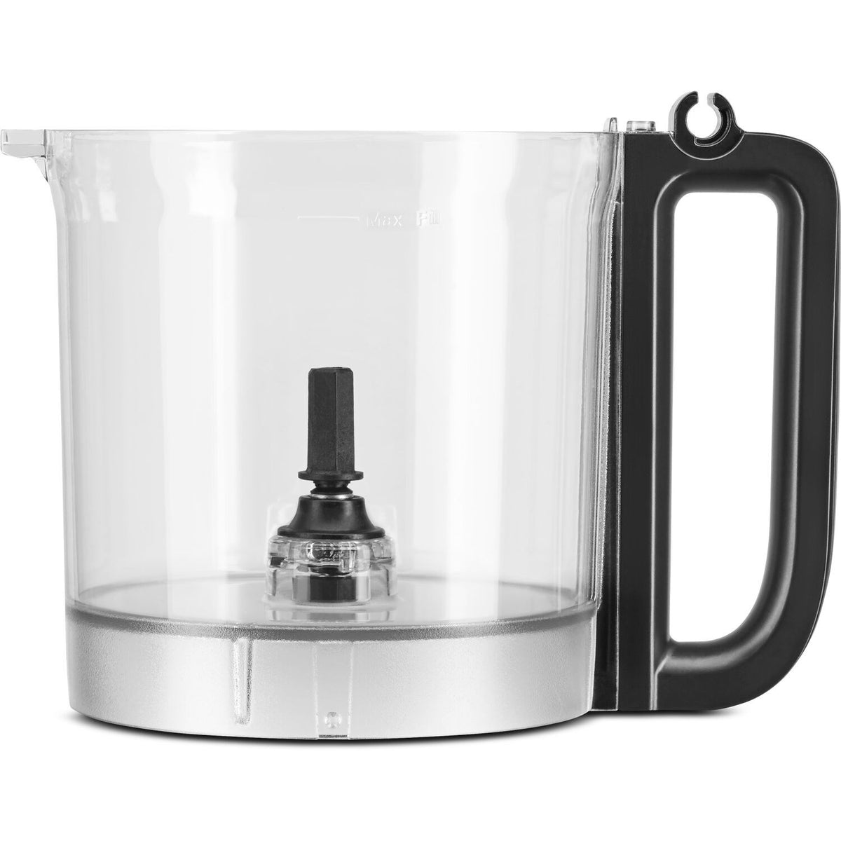 Clear food processor bowl with central blade stem and black side handle