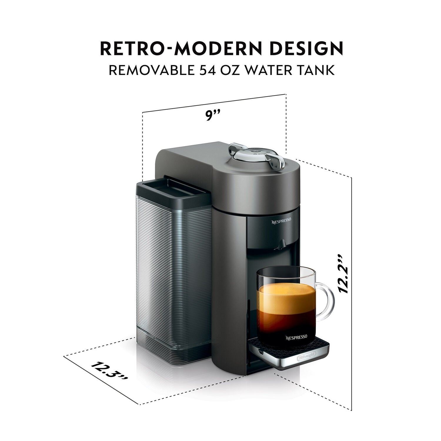 Single-serve coffee machine with removable 54 oz water tank and espresso cup