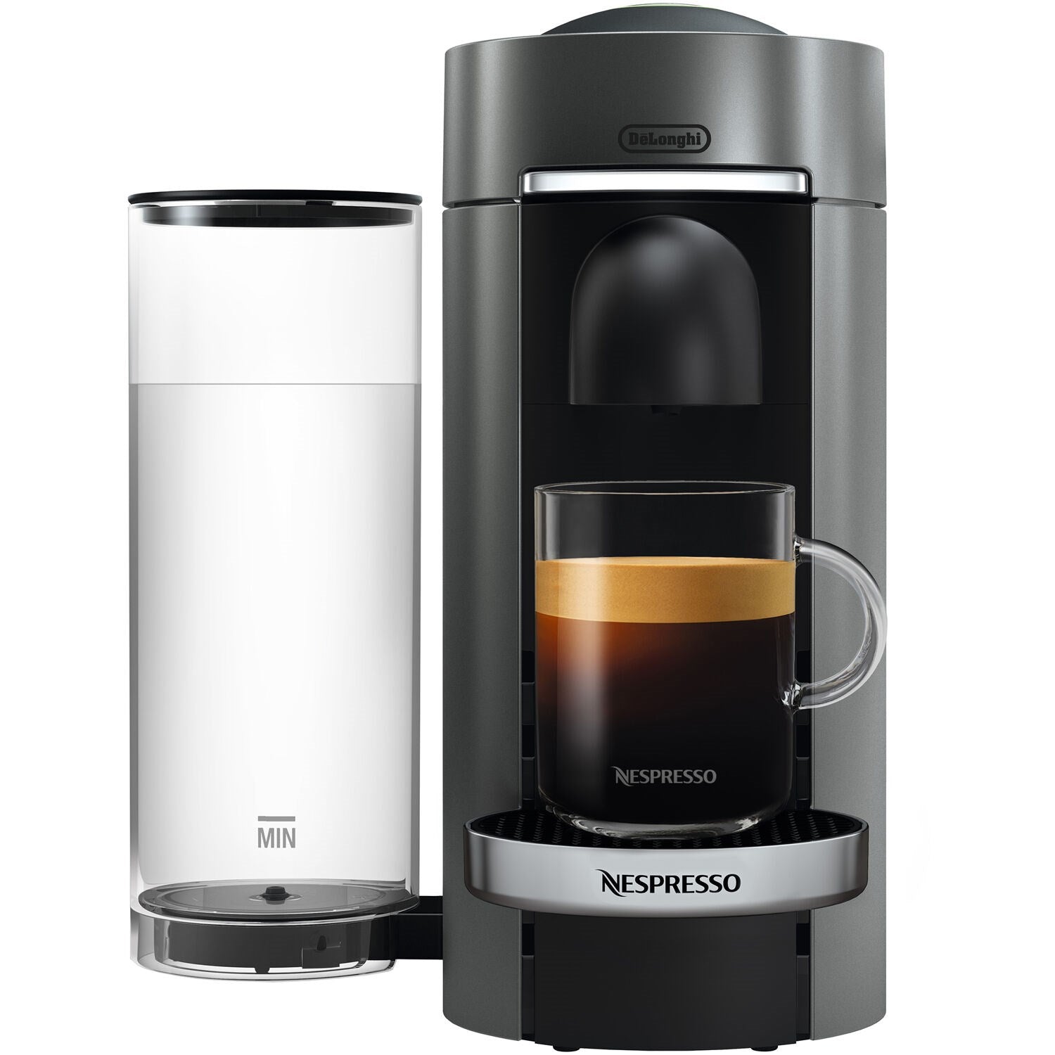 Titanium single-serve coffee and espresso machine with water tank and brewed cup on tray