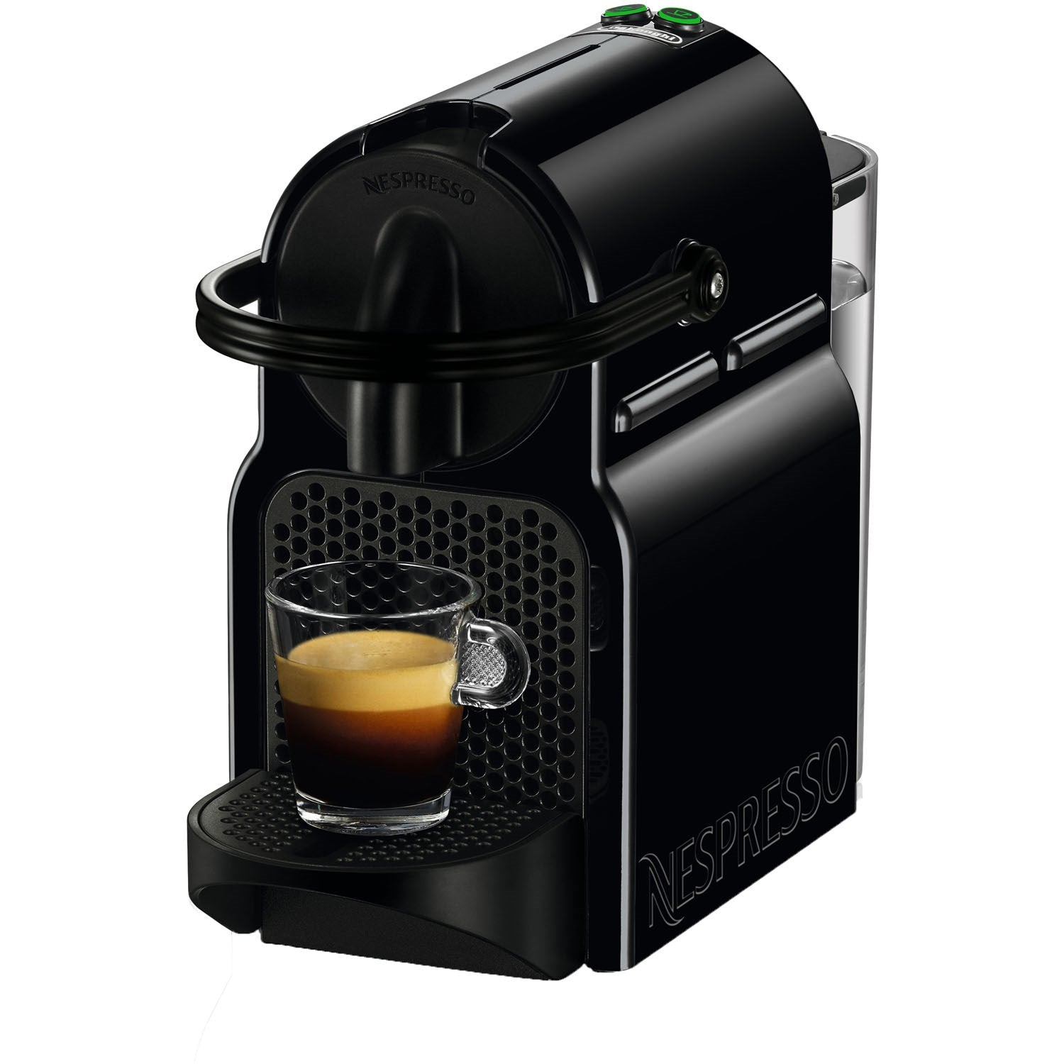 Black Nespresso Inissia espresso machine with pod holder and cup on drip tray