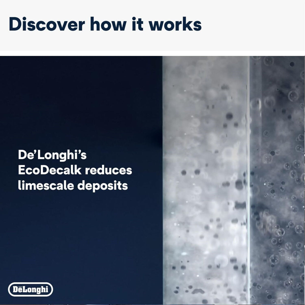De'Longhi EcoDecalk descaler label concept showing reduced limescale deposits.