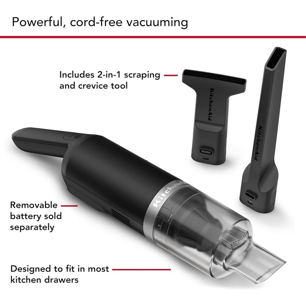 KitchenAid cordless kitchen vacuum with crevice tool and scraping tool accessories