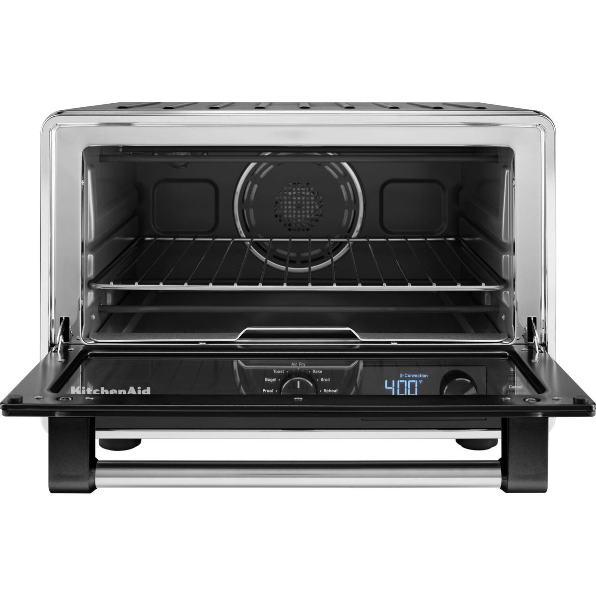 KitchenAid countertop oven with door open, wire rack and fan visible inside