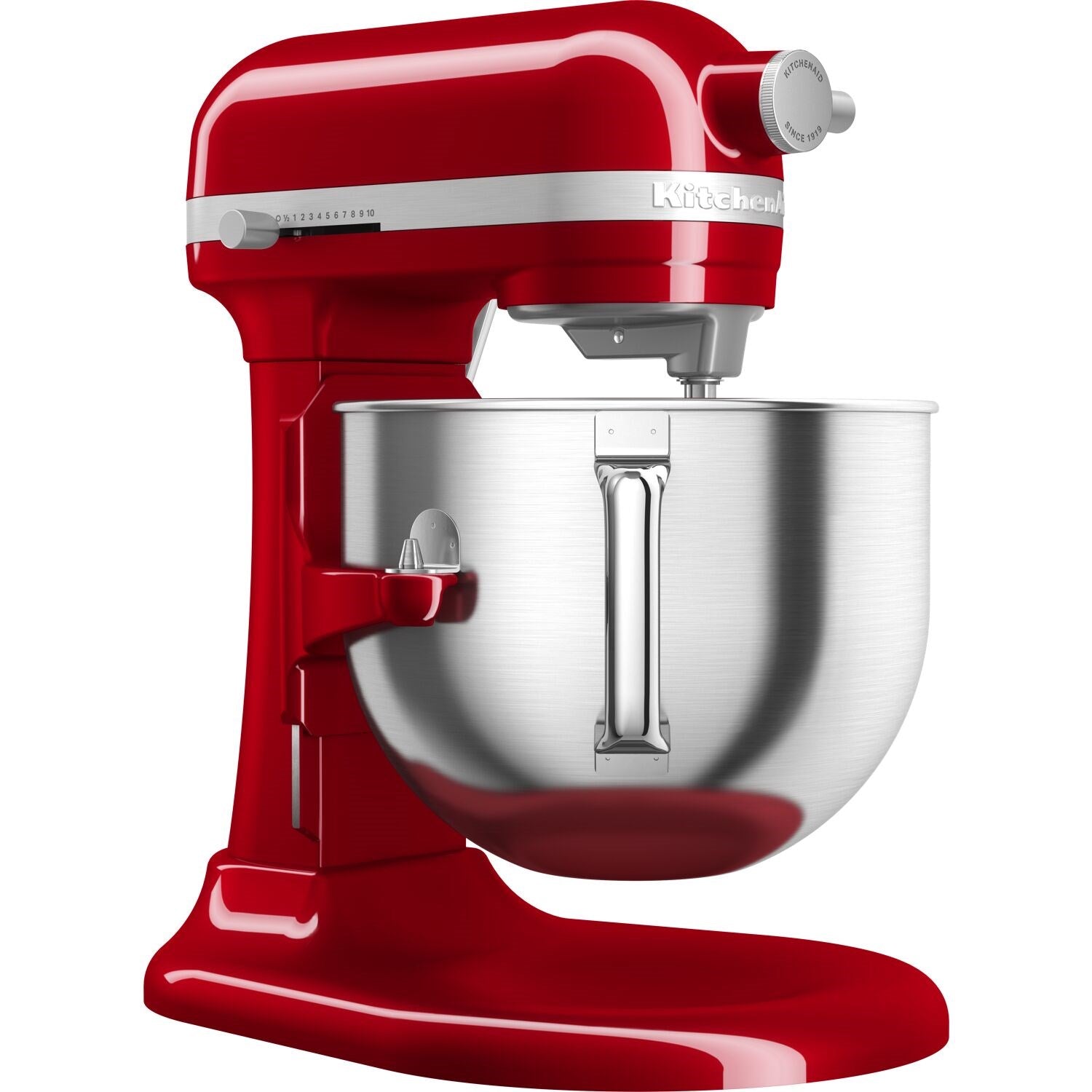 Empire Red KitchenAid stand mixer with stainless bowl and mixing head, side view
