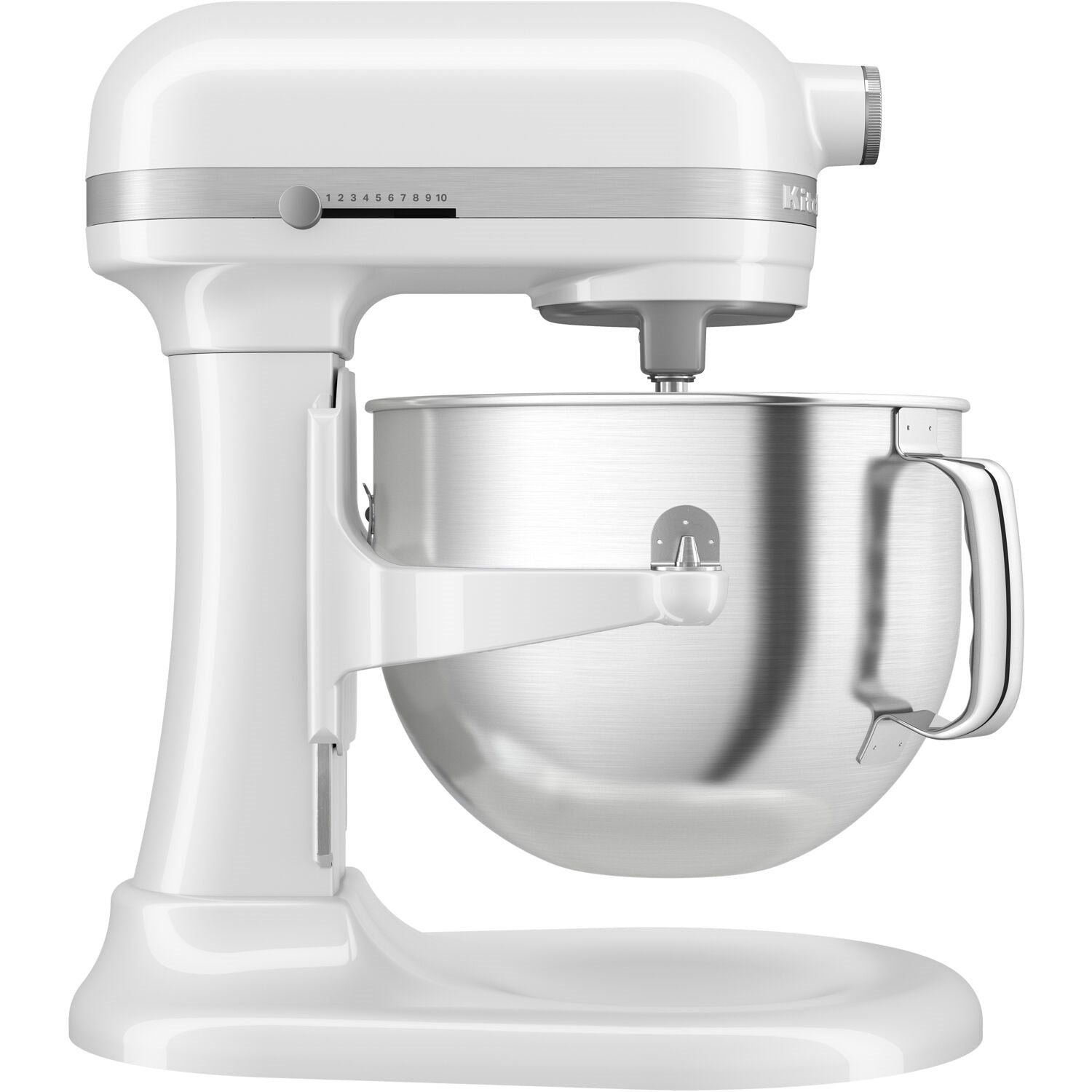 White KitchenAid stand mixer with stainless bowl and mixing head, studio side view
