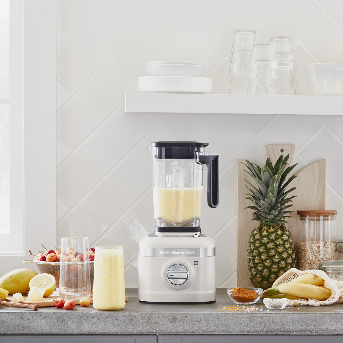 KitchenAid matte milkshake blender on countertop with clear jar and black handle