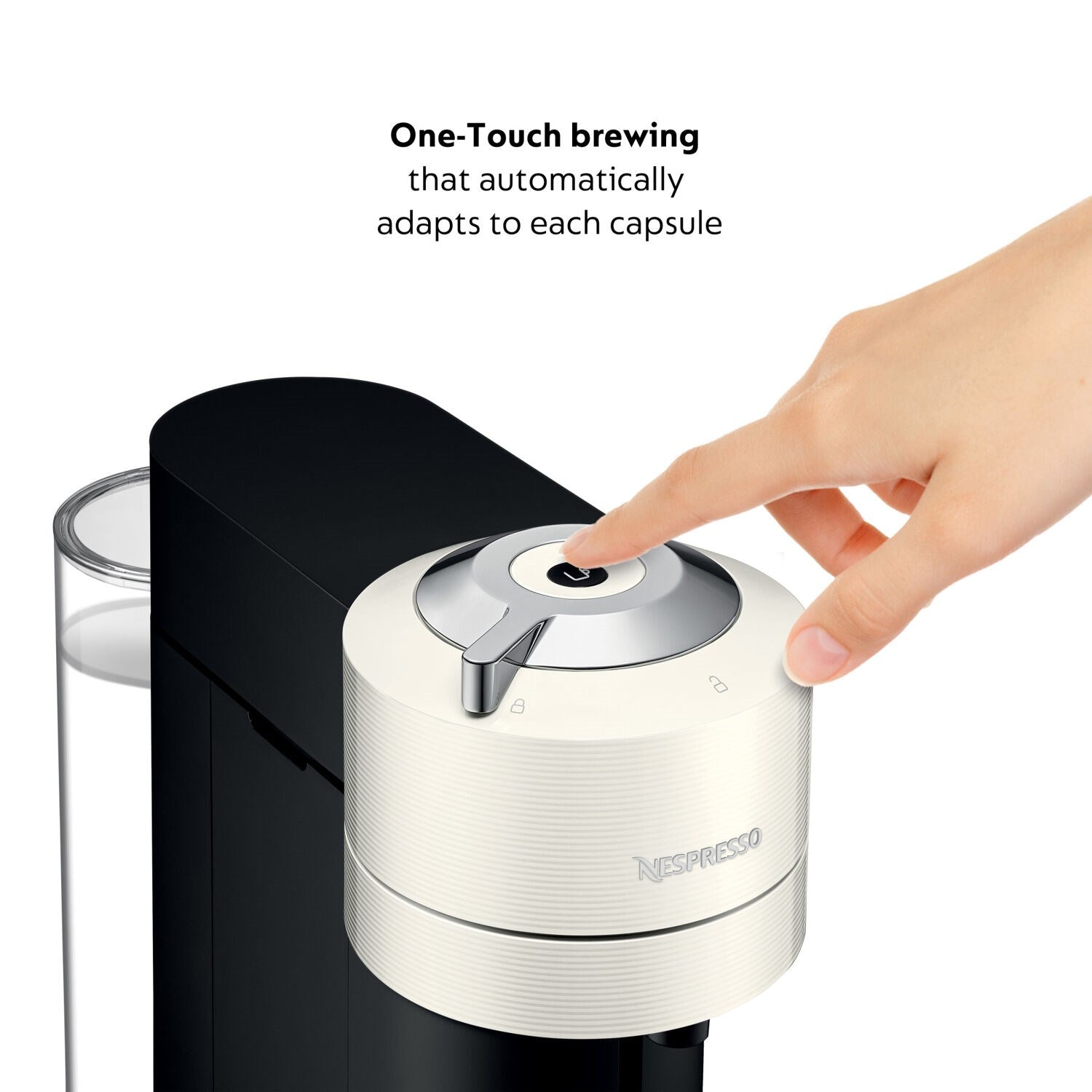 White Vertuo Next one-touch brewing machine with hand pressing the top switch