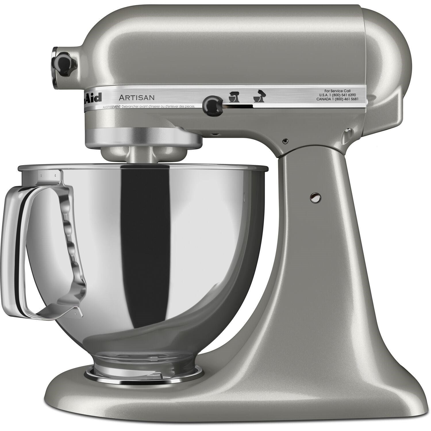 Contour silver stand mixer with beater, stainless bowl, and side handle